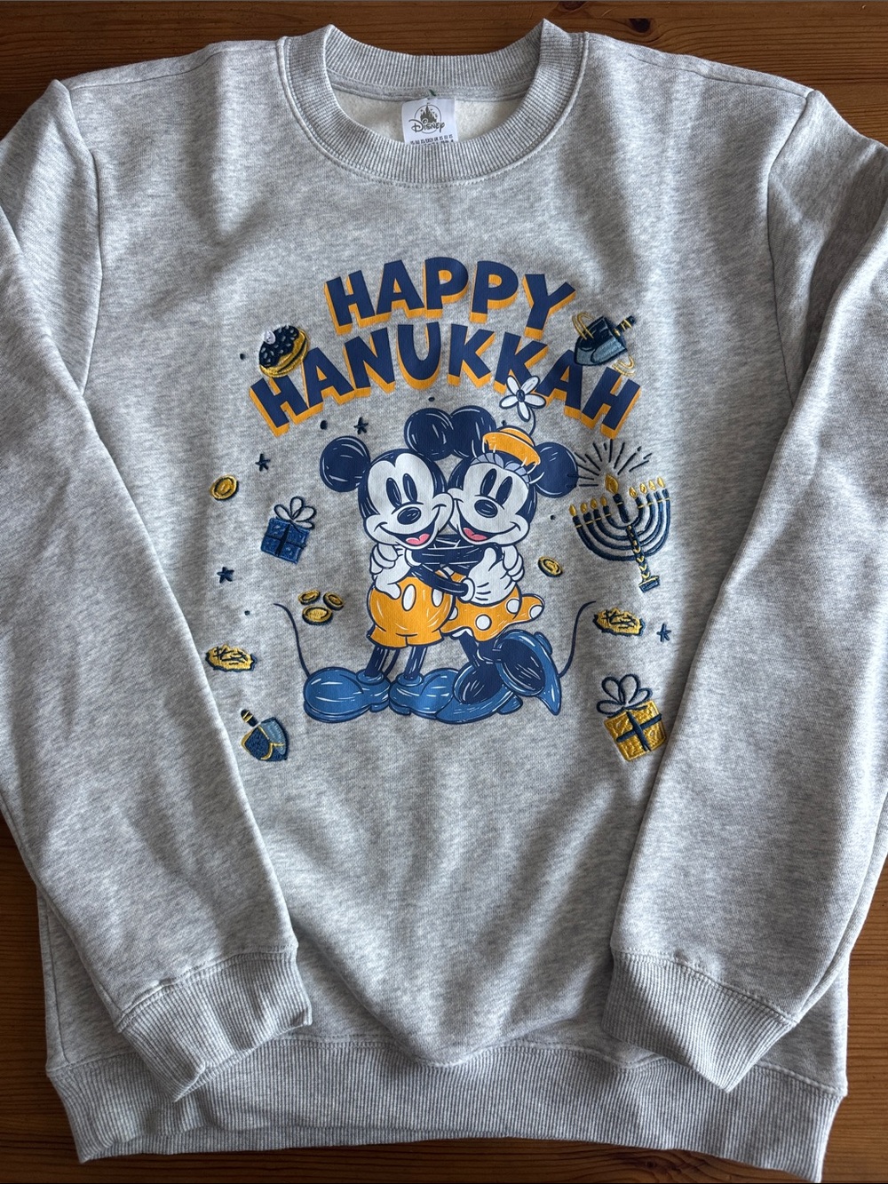 Disney Gray Crewneck Sweater “Happy Hanukkah” Mickey & Minnie with Embroidery